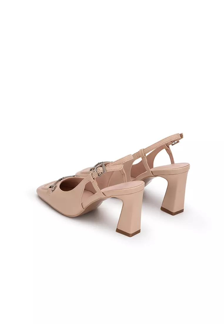 METAL BUCKLE SQUARE TOE SLINGBACK BLOCK HEEL