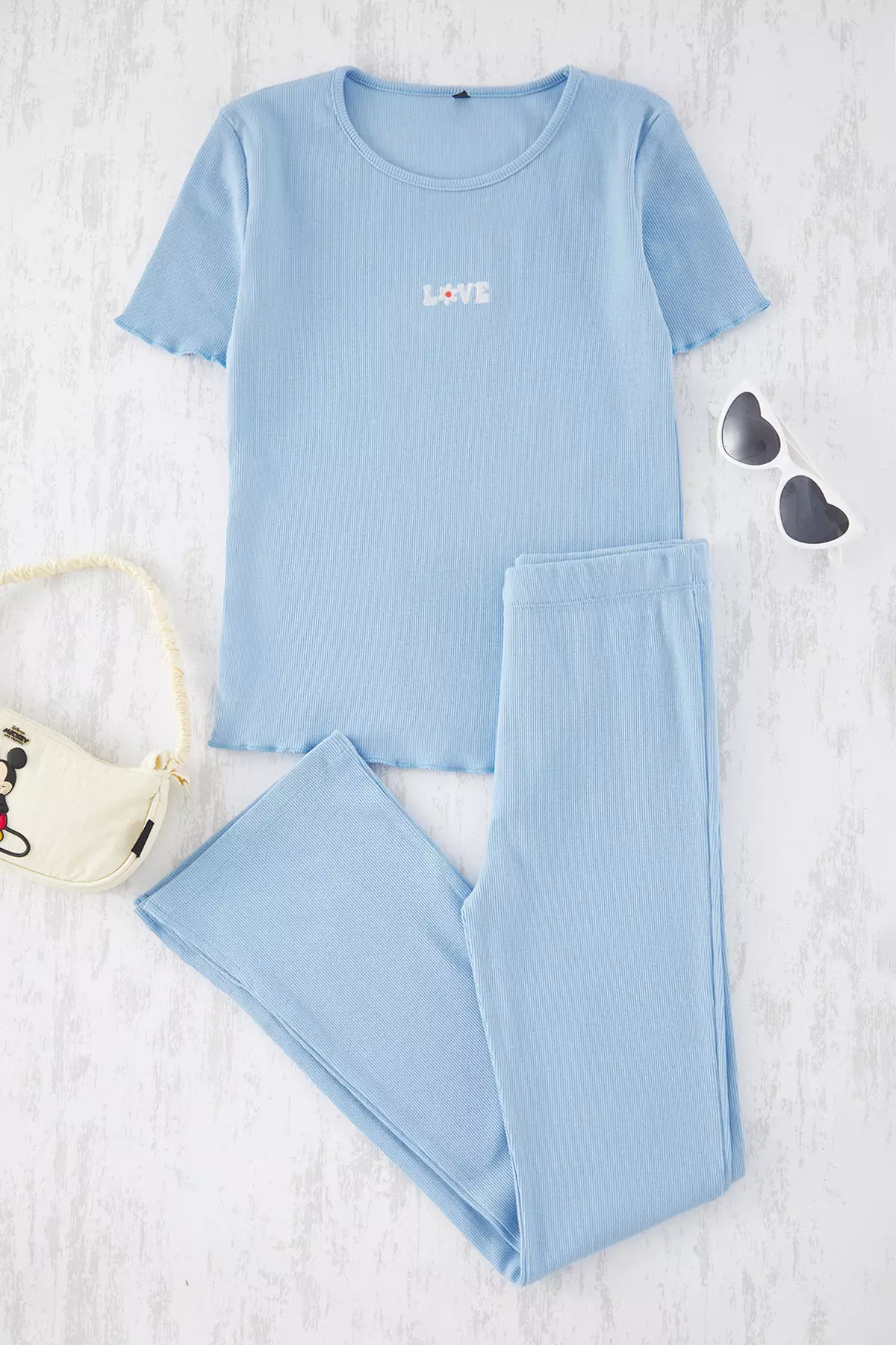 Girls' Cotton Light Blue Embroidered T-Shirt And Leggings Set - Tkdss25Au00020