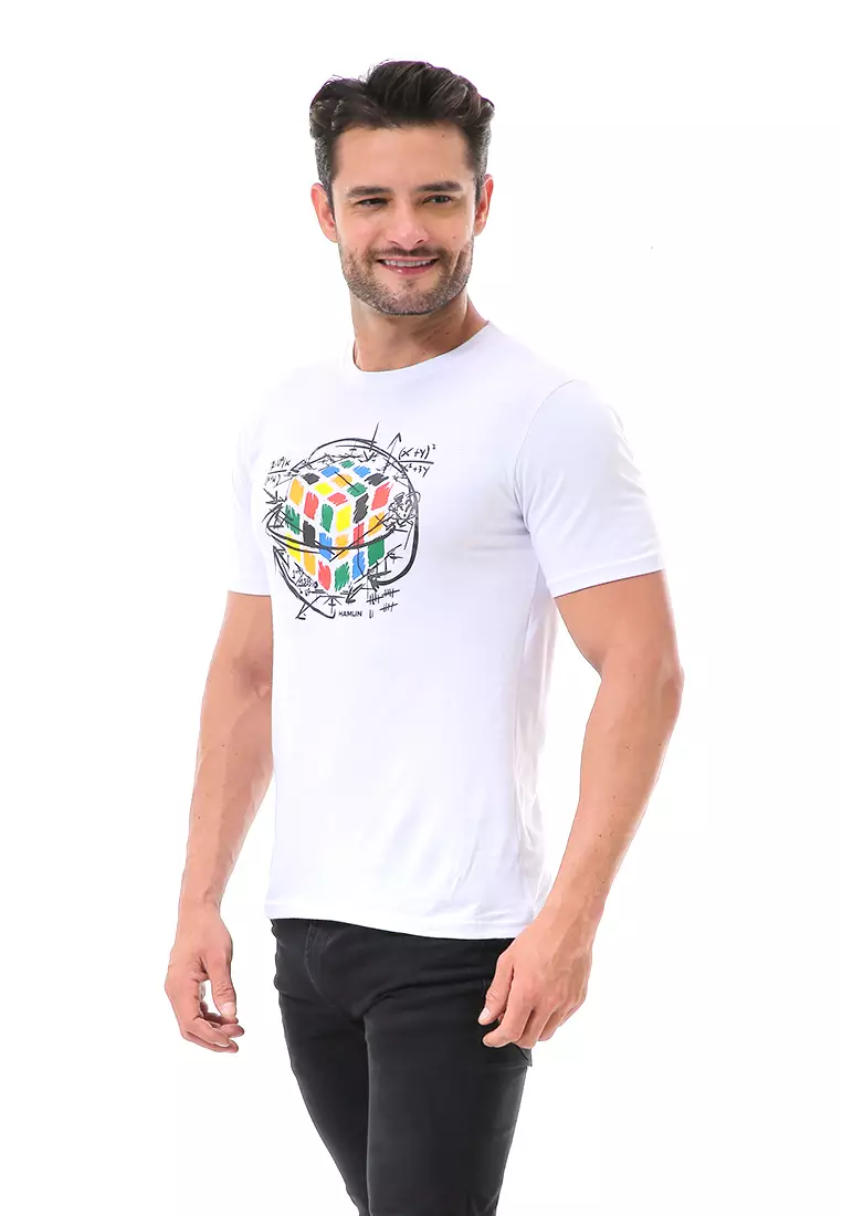 Aisley Atasan Kasual Pria Kaos Basic Lengan Pendek Motif Rubix Material Cotton ORIGINAL - White
