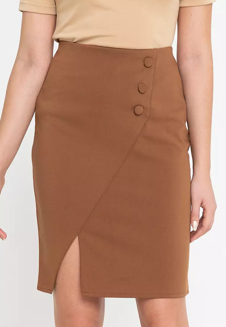 Toffee Pencil Skirt With Buttons