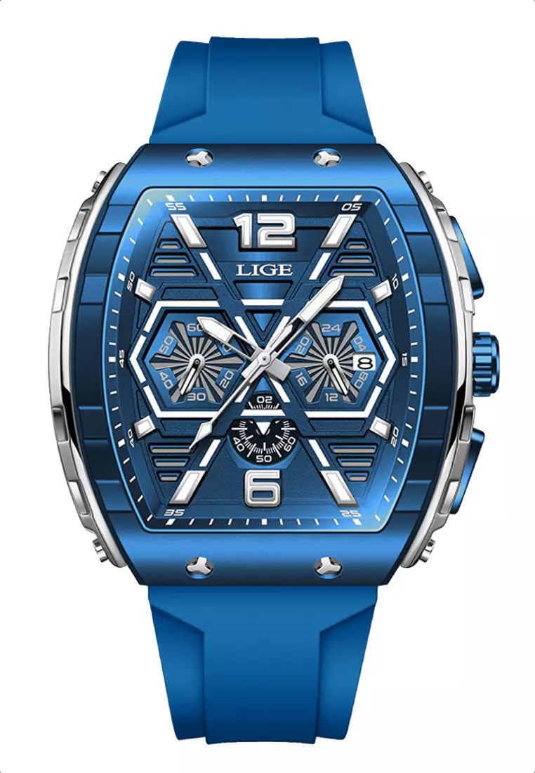 男女通用酒桶形 IP 橡膠錶帶藍色石英手錶