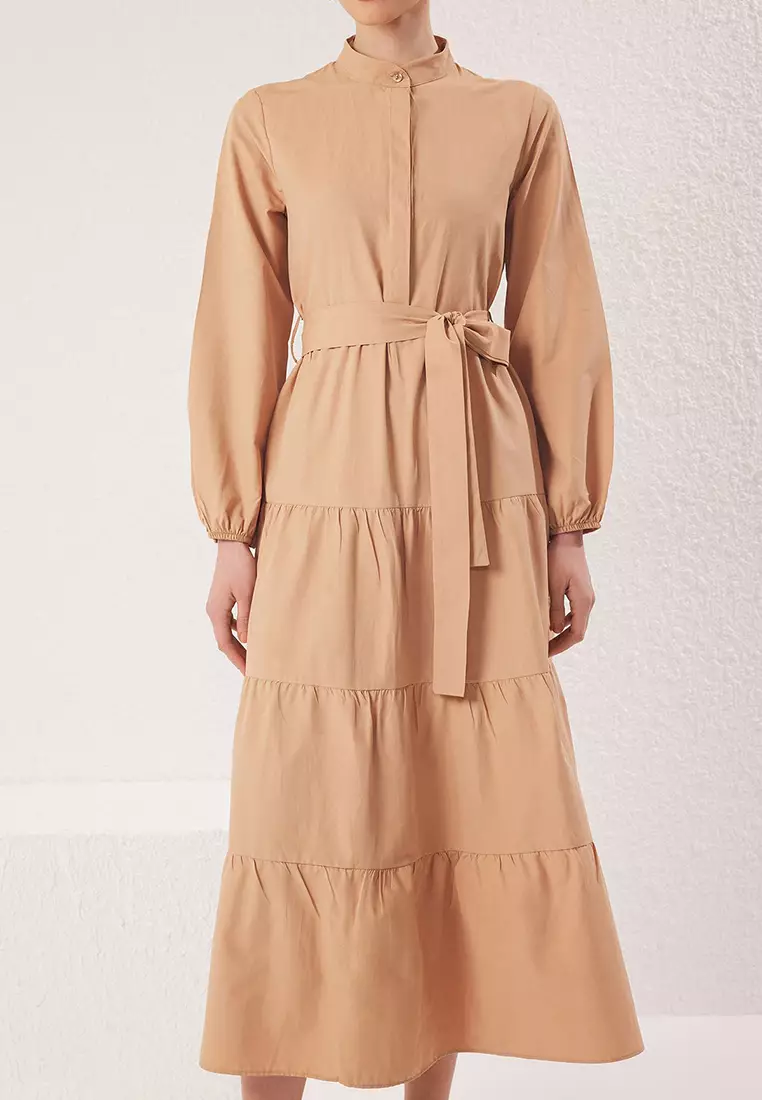 Beige Belted Judge Collar with Button Detail Woven Dress TCTSS21EL3343