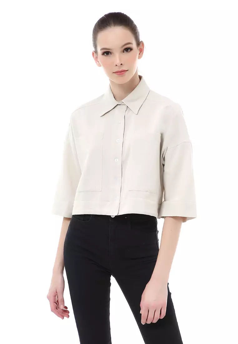Brielle Atasan Wanita Kemeja Crop Oversize Shirt Lengan Panjang Material Linen ORIGINAL - Ivory
