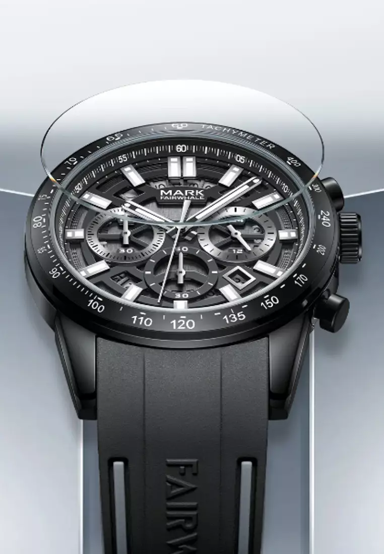 Unisex IP Black Alloy Chronograph Quartz Watch, 43mm, Rubber Strap