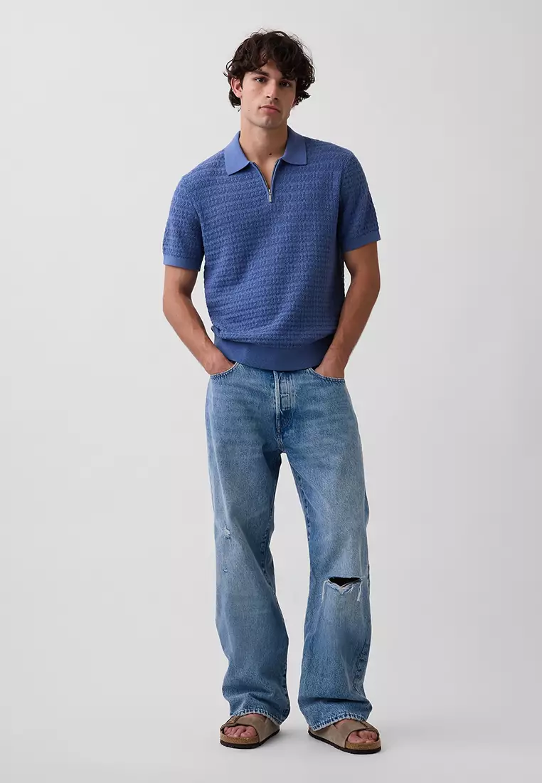 Textured Zip Sweater Polo Shirt