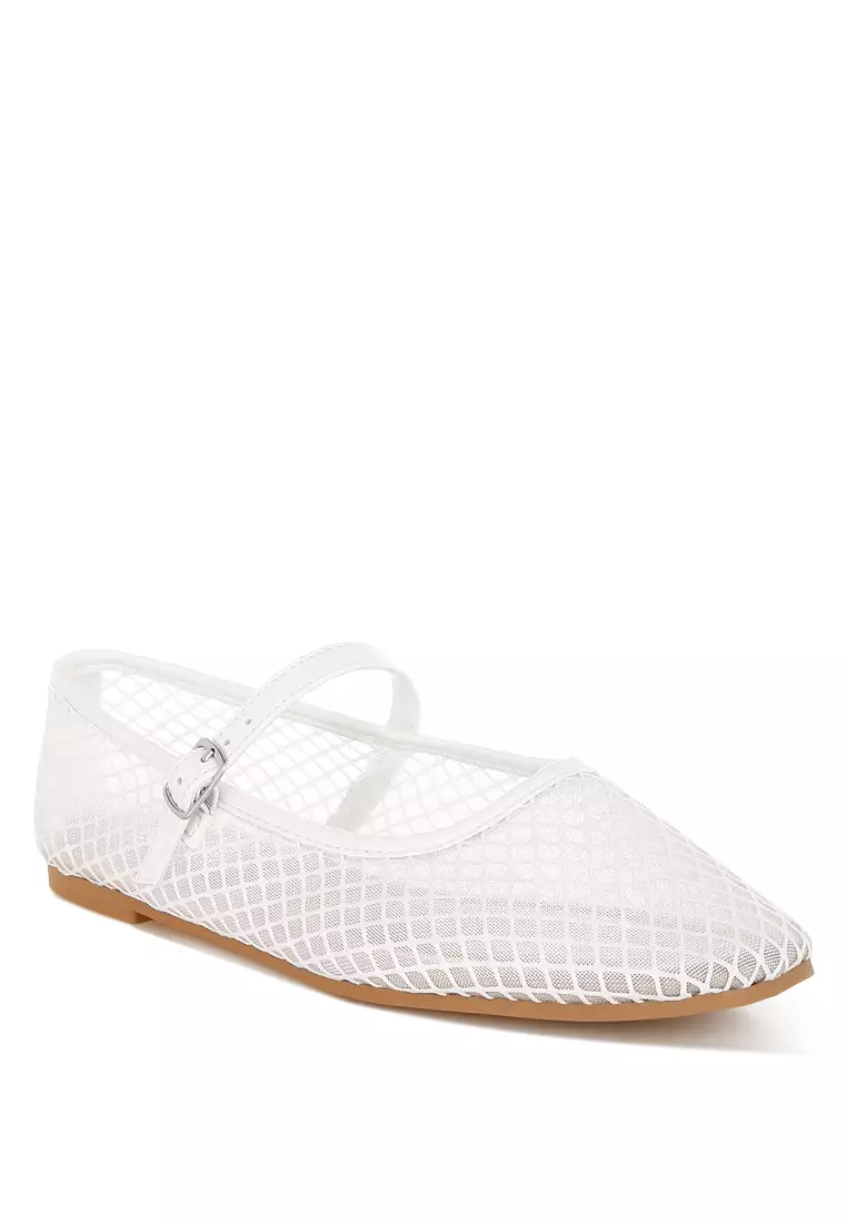 Mesh Mary Jane Flats in White