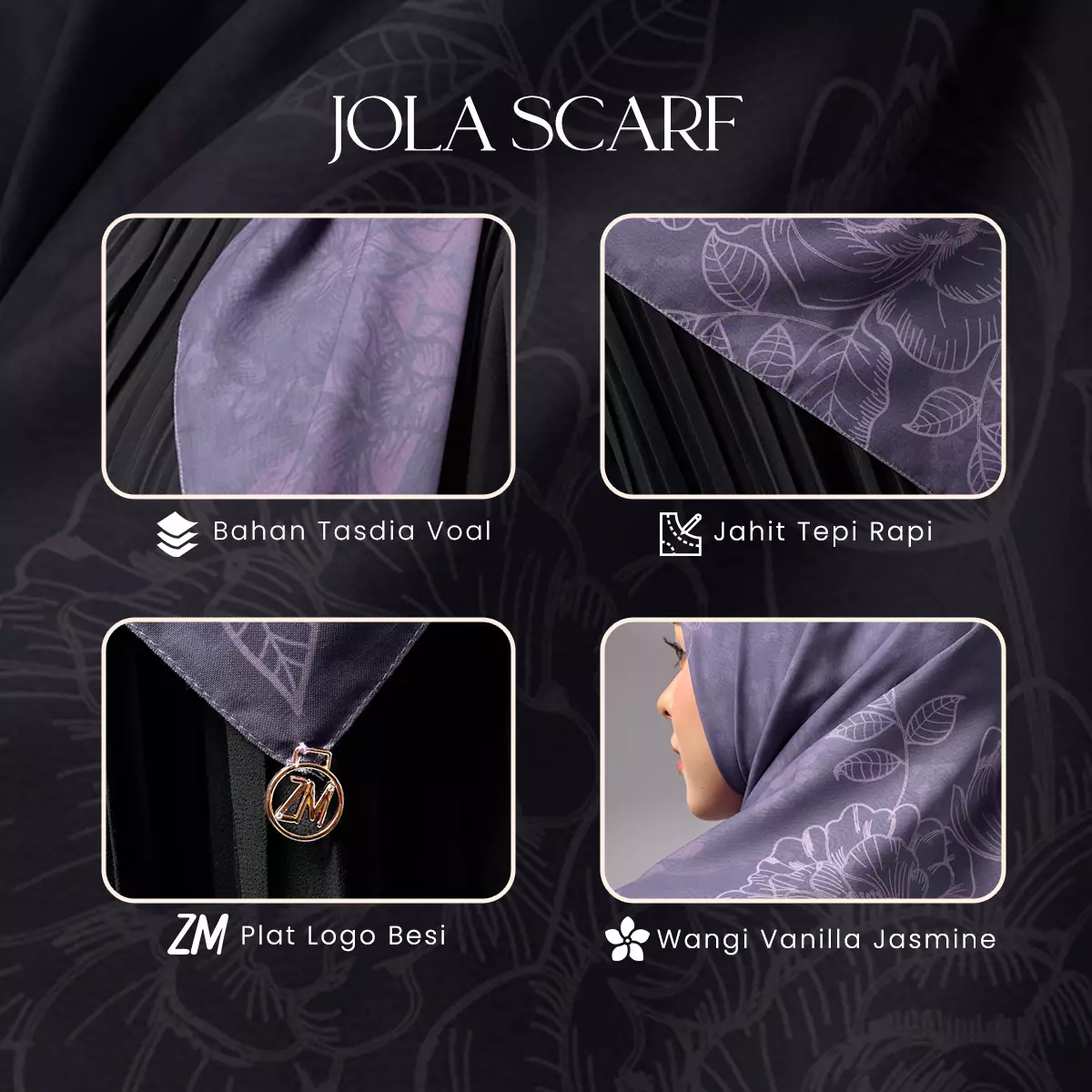 ZM Zaskia Mecca - New Jola Dark Grey Tasdia Voal Scarf Kerudung Segi Empat Wangi Water Splash Ultra Sonic