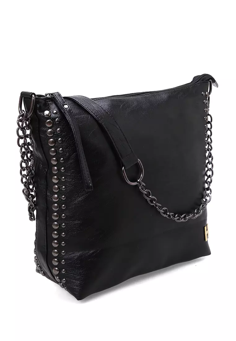 Laura Tas Kerja Wanita Motif Polos Tote Bag Large Compartment Material Leather ORIGINAL - Black