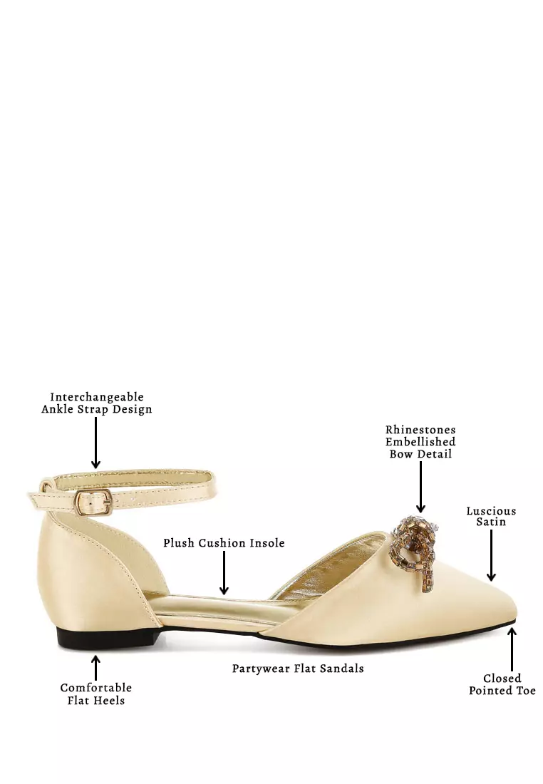 Rhinestone Detail Bow Flat Sandals in Gold