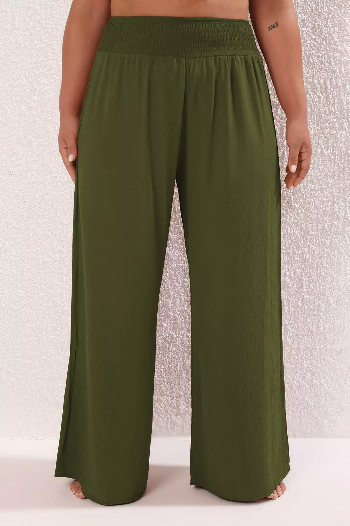 Khaki Wide Leg High Waist Beach Wear Plus Size Pants Tbbss25Ar00000