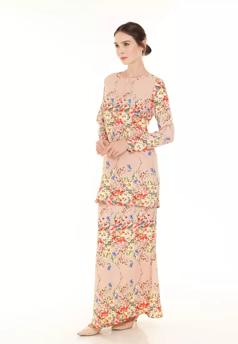 Rina Printed Kurung in Nude Rainbow Flower