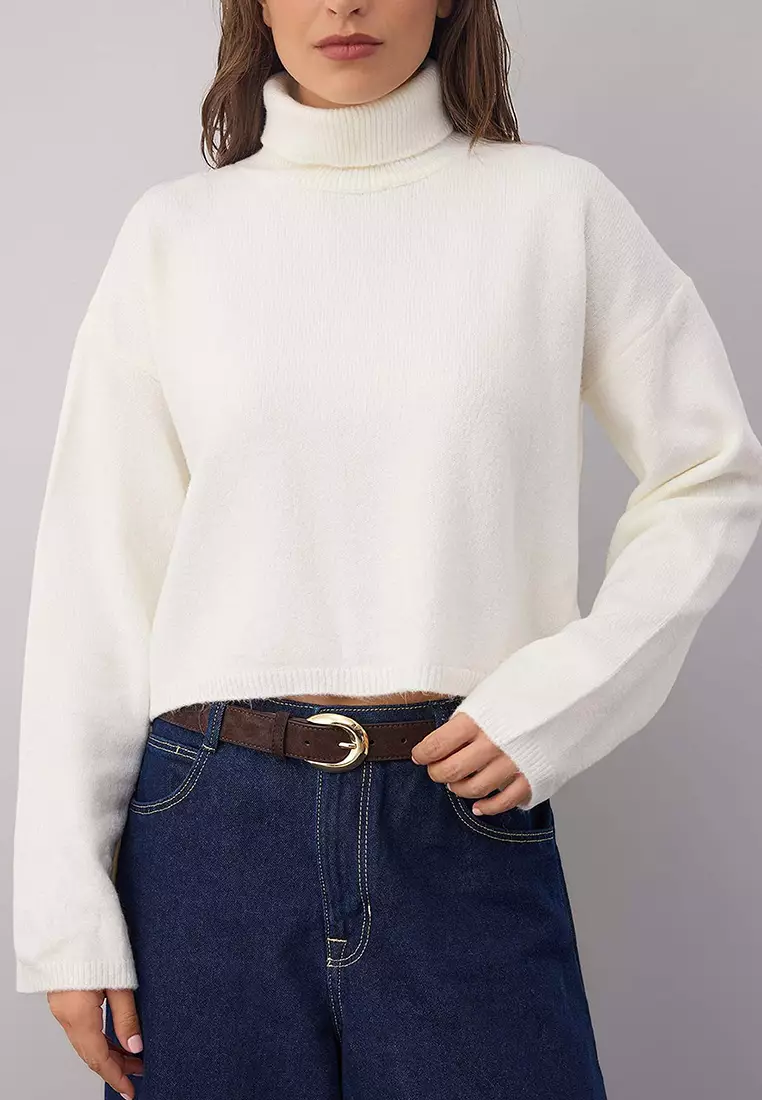 Wardrobe Essentials Ecru Wide Pattern Soft Texture Crop/Short Knit Sweater