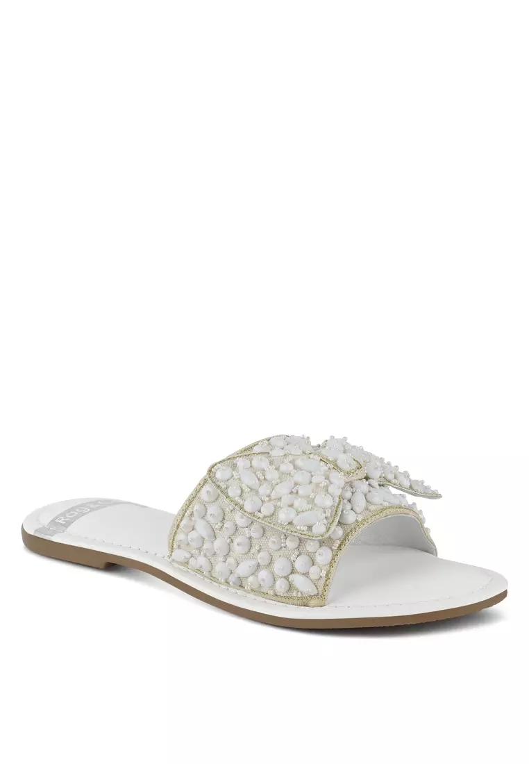 Sepatu Flat Berhias Pita Besar Warna Putih