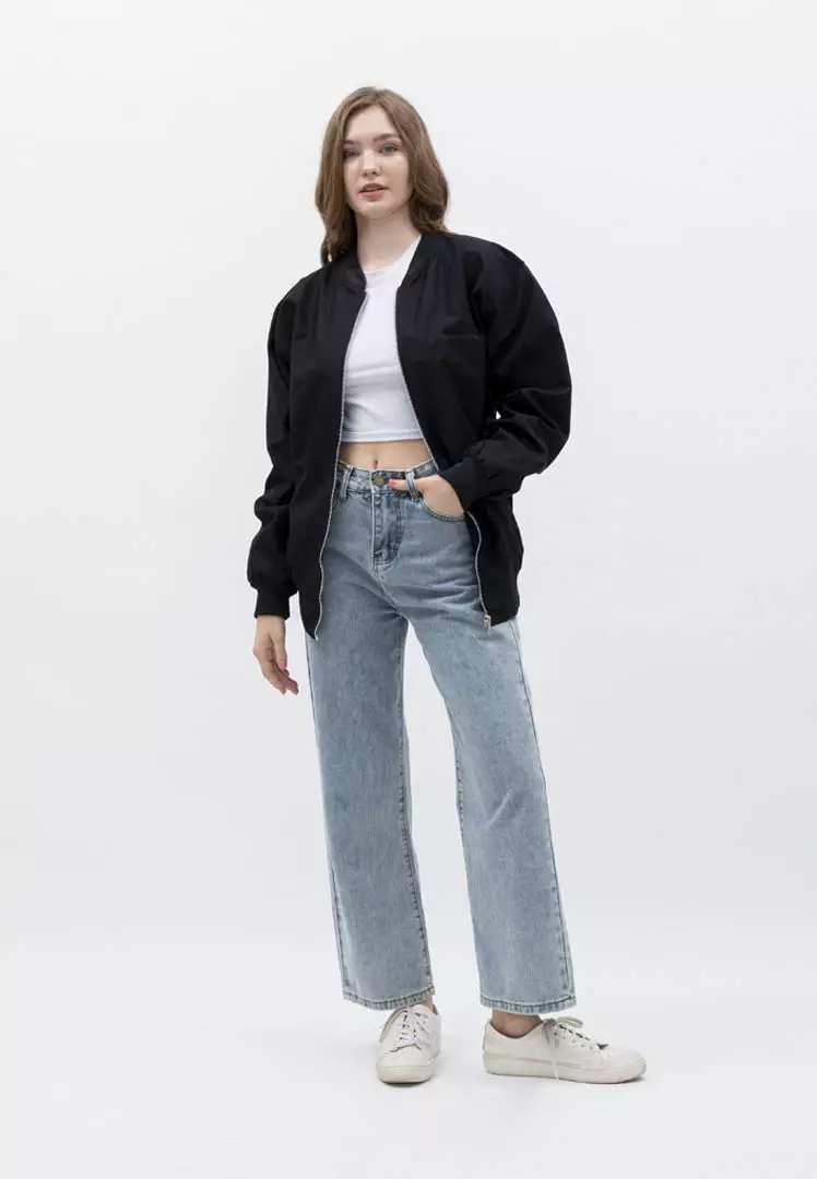 Houseofcuff Jaket Bomber Wanita Pria Unisex Polos Windbreaker Hitam