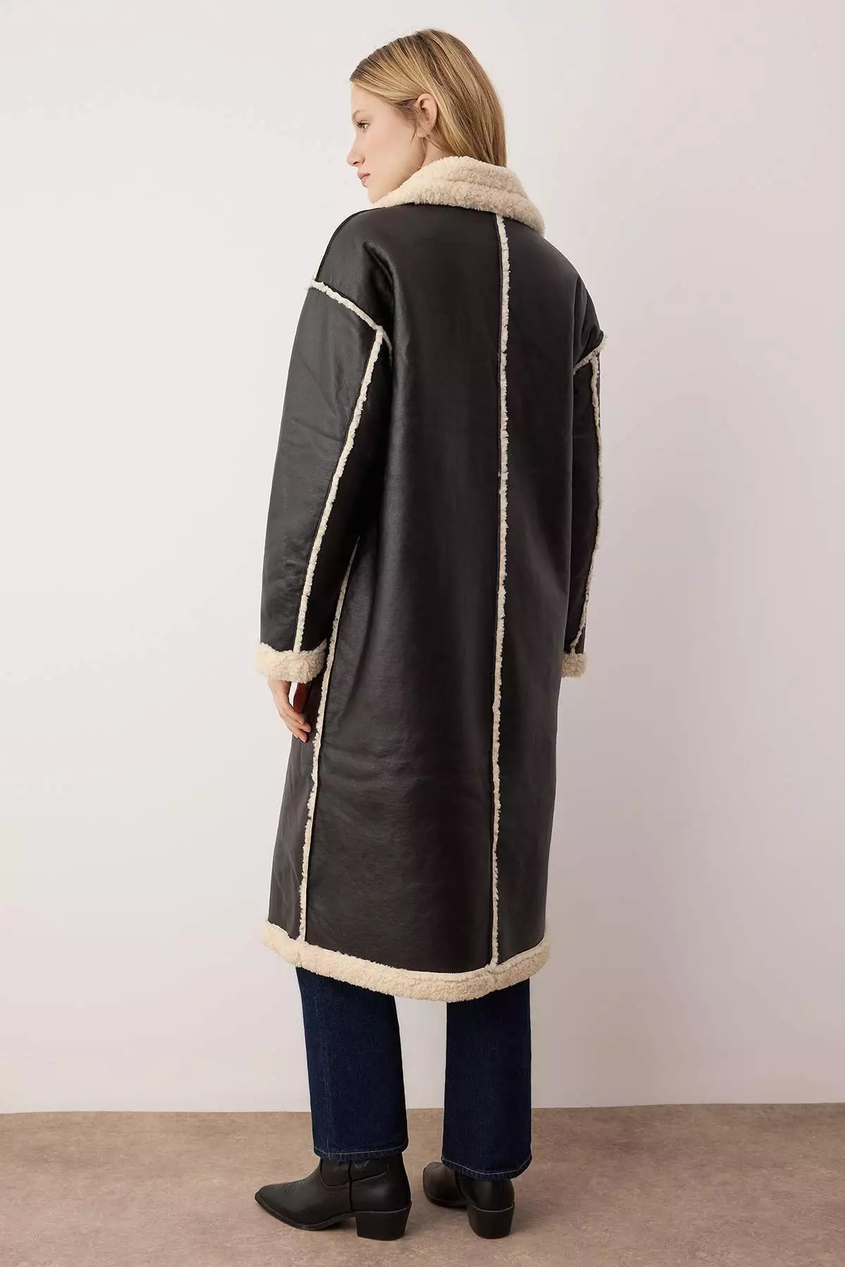 Black Double-Sided Plush Mono Closure Oversize Long Faux Leather Coat