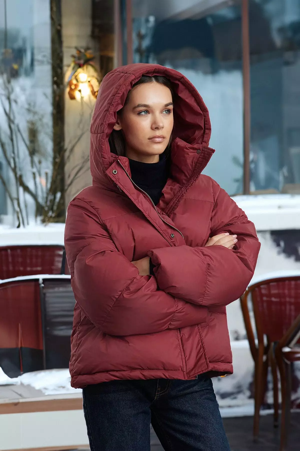 Buy Trendyol Claret Red Oversize Hooded Goose Feather Water
