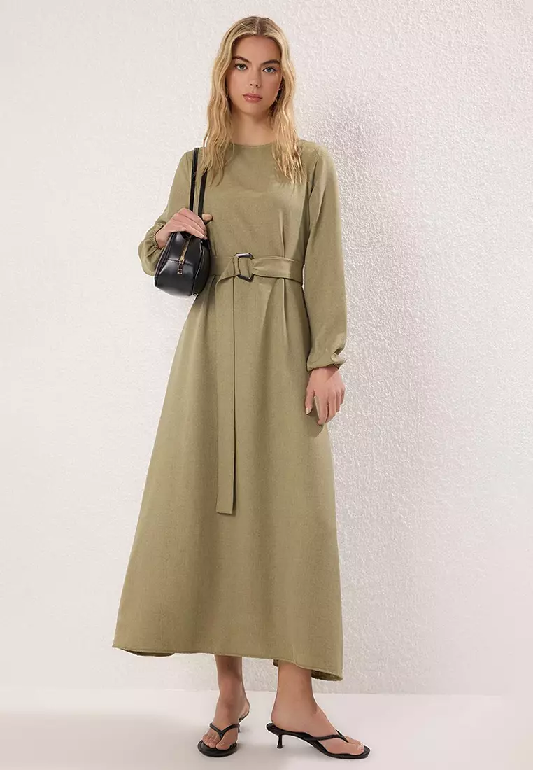Khaki Belted Woven Dress Tctss25Eb00096