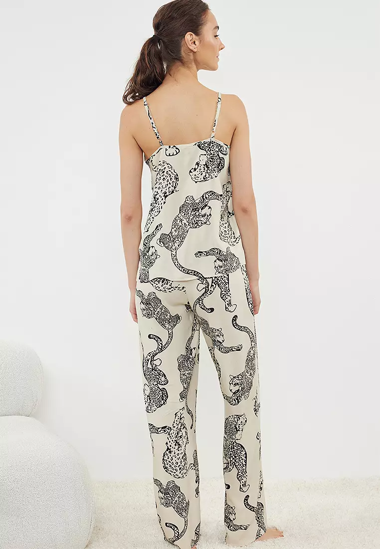 Tiger Patterned Rope Strap Woven Pajamas Set