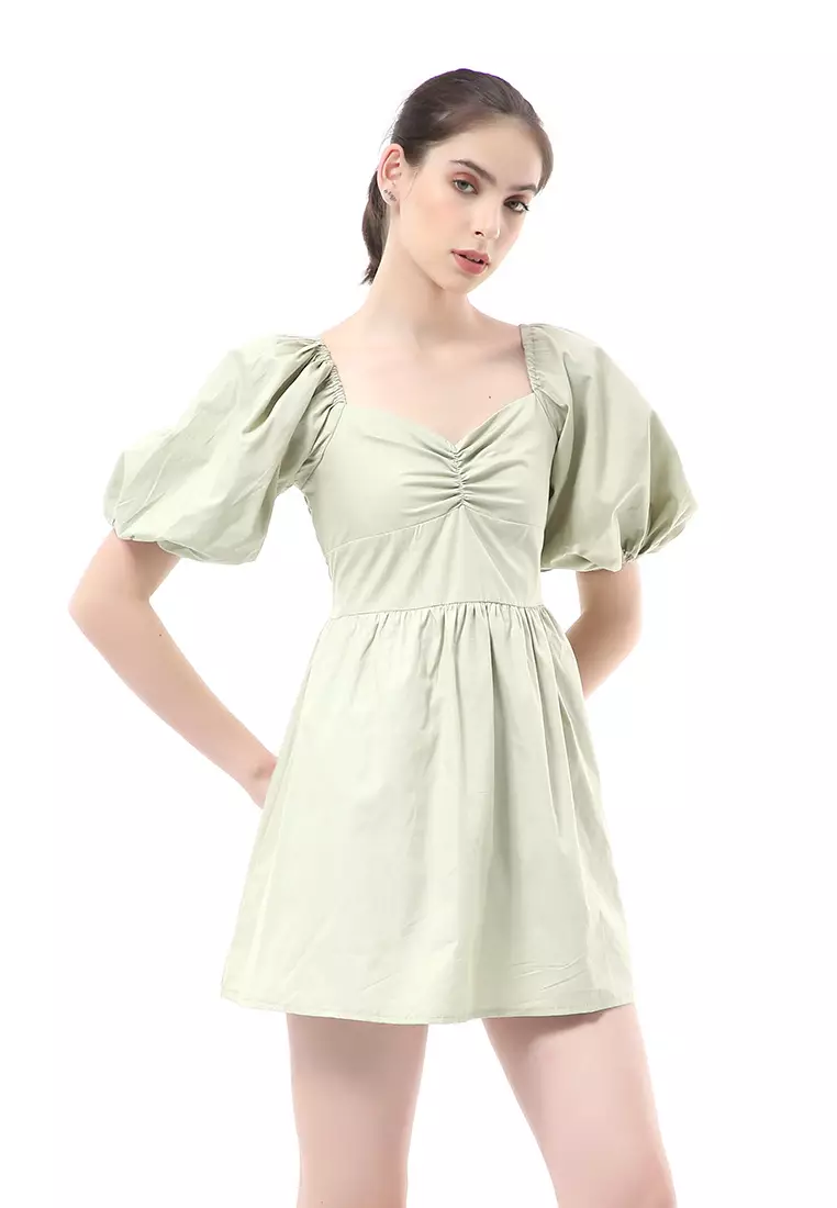 Rachel Dress Wanita Ballerina Pluffy Baloon Sleeve Simple Elegant Material Cotton ORIGINAL - Soft Green