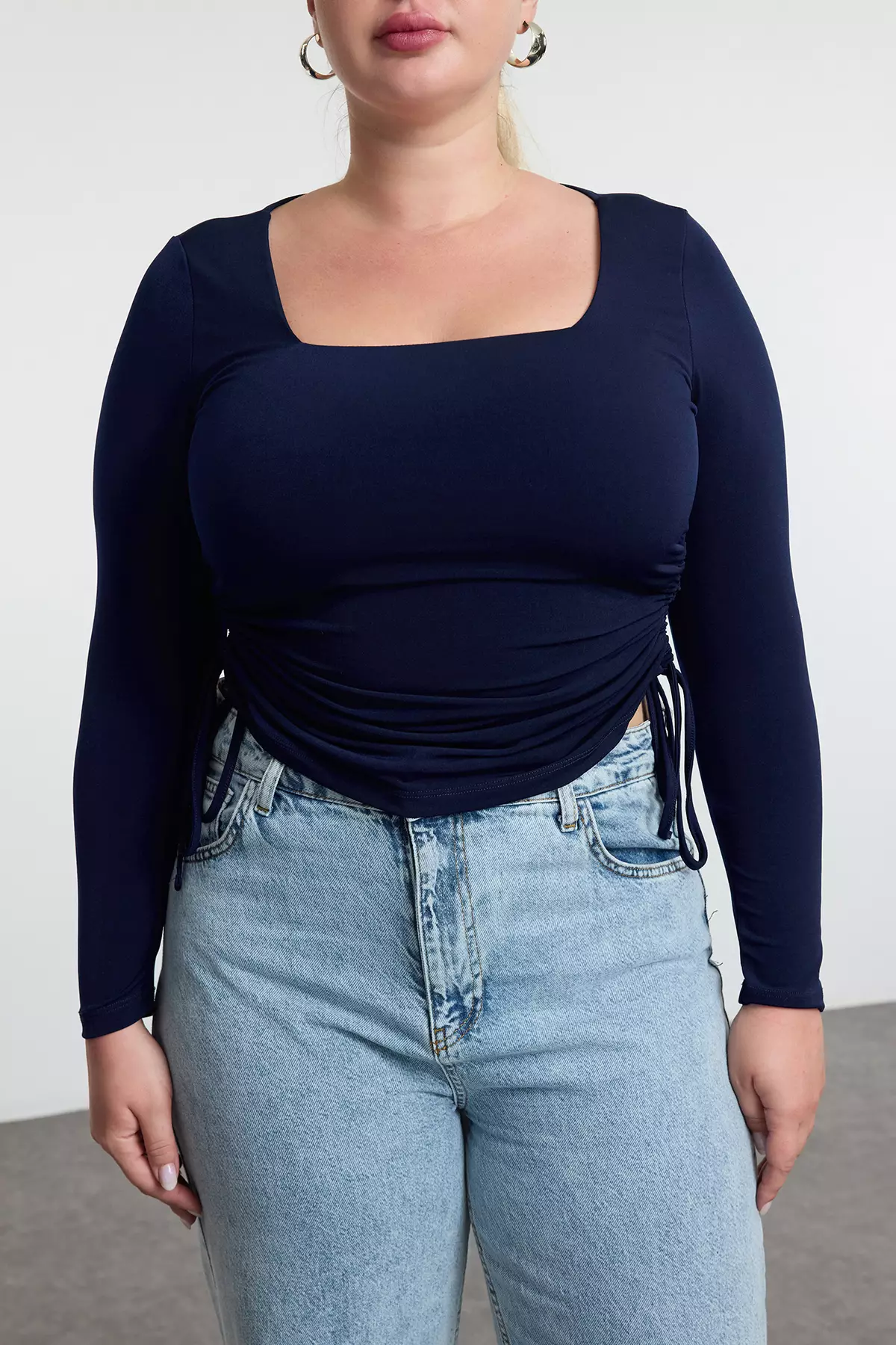 Navy Blue Square Collar Side Gathered Knit Plus Size Blouse