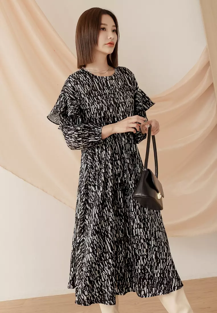 Printed Ruffle Sleeve Maxi Dress [DA9962]