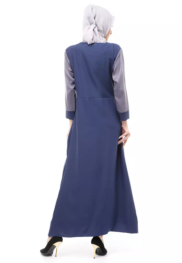 Andira Gamis Muslimah Wanita Dual Tone Color Aksen Tali Ikat Regular Fit - Navy