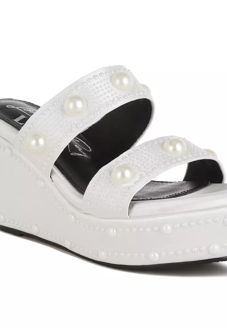 Pearl Embellished Wedge Sandals in White