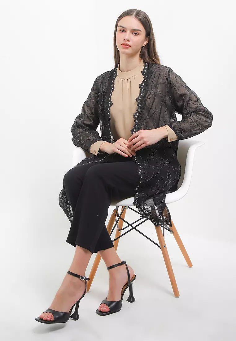 L/S Metallic Flo Emb Outer W/ Flo Lace Trim