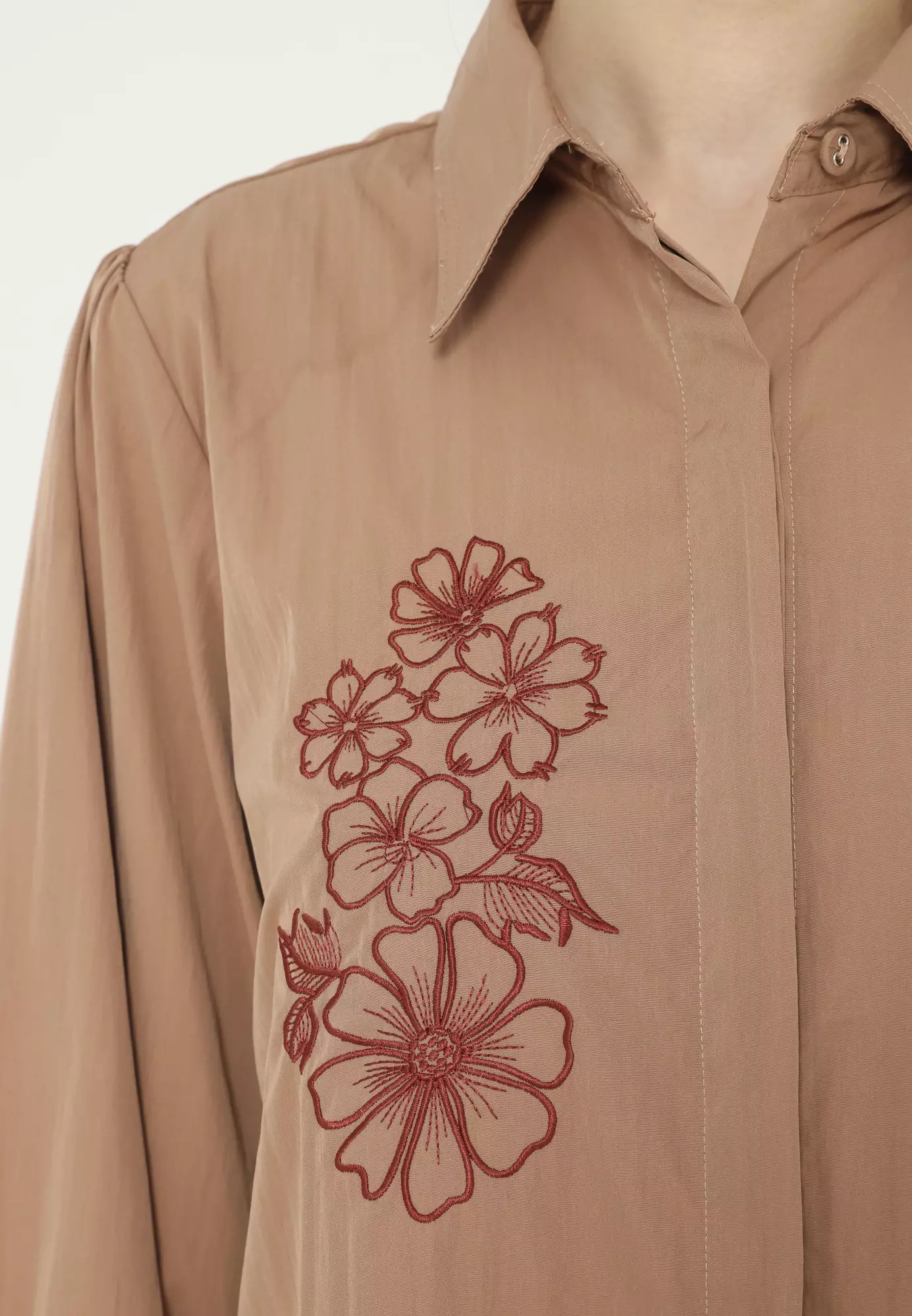 Shirt Brown Embroidery Long Sleeve Arlette By Brilliant Girl Warna Coklat