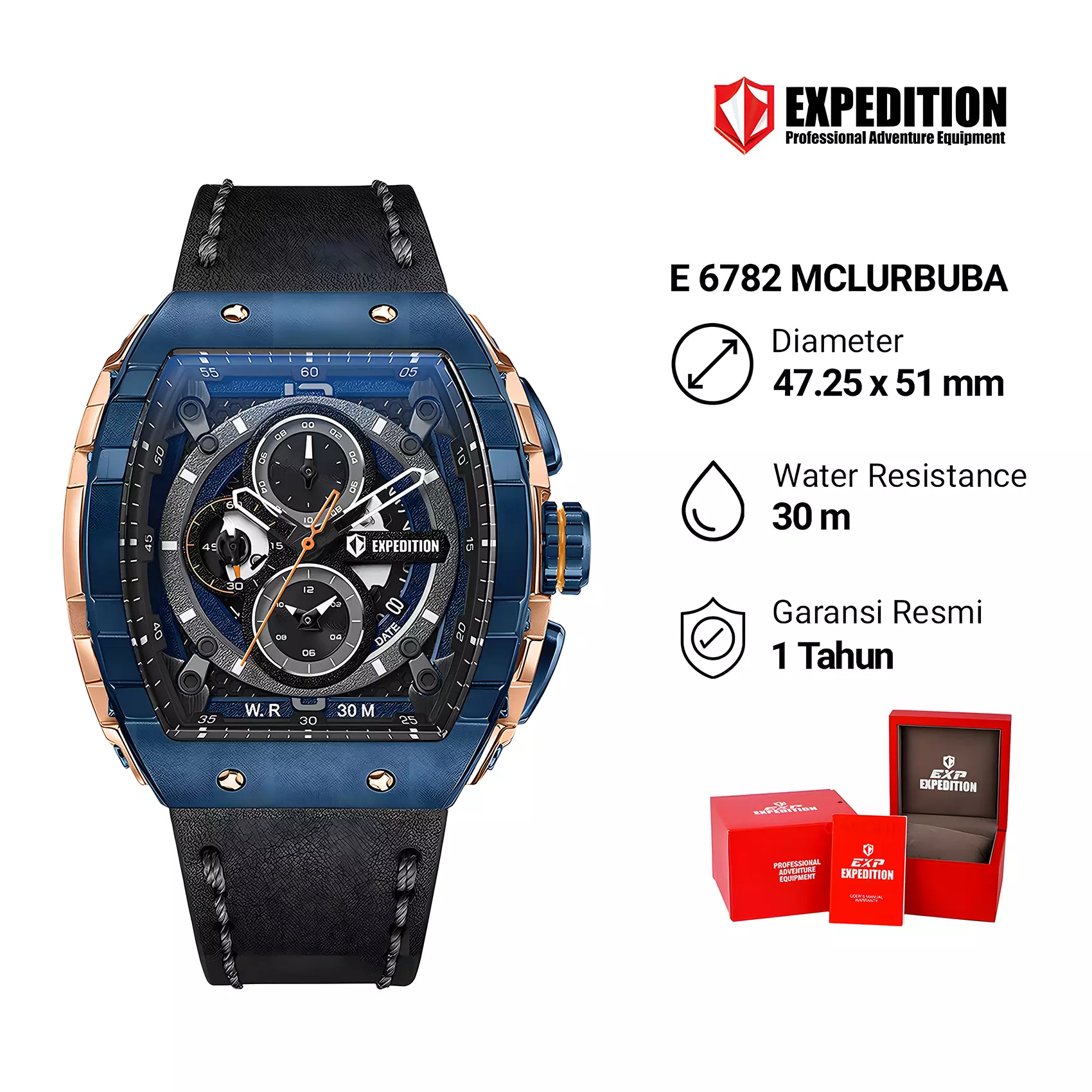 Expedition - Jam Tangan Chronograph Pria - Rose Gold Blue - Black Leather Strap - 6782 MCLURBUBA