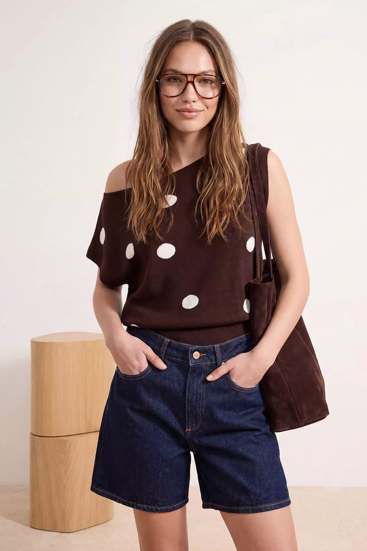 Brown Polka Dot Summer Special Yarn Boat Neck Waist Fitted Knitwear Blouse Twoss26Bz00313