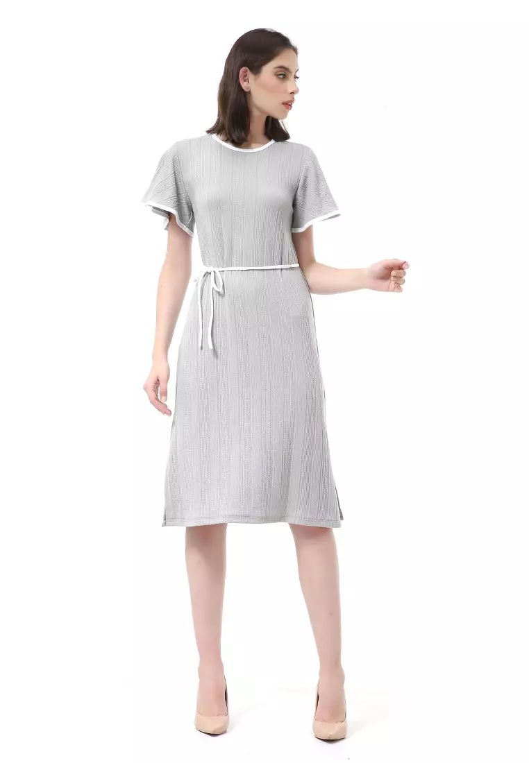 Rachel Dress Wanita Lengan Pendek Model Tali Pinggang Plain Motive Material Curly Kinit ORIGINAL - Gray Mint