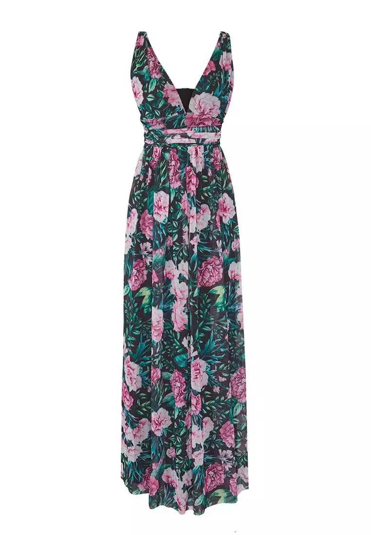 Multicolor A-Line V-Neck Floral Pattern Knitted Long Stylish Evening Dress Tprss25Ae00096