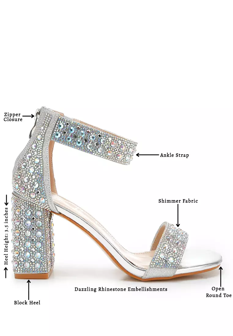 Rhinestones And Sequins Block Sandals in Silver