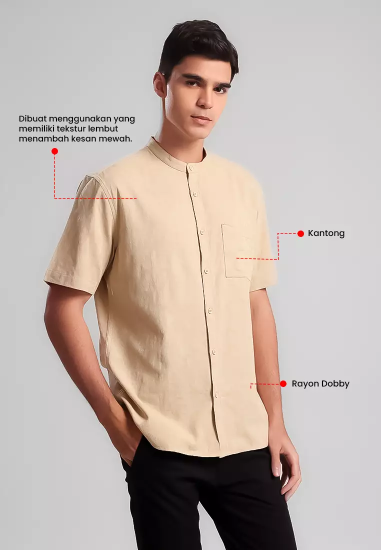 MANZONE X MINIMAL - Kemeja Koko Lengan Pendek Pria Hafiz Comfort Fit - Beige Warna Beige