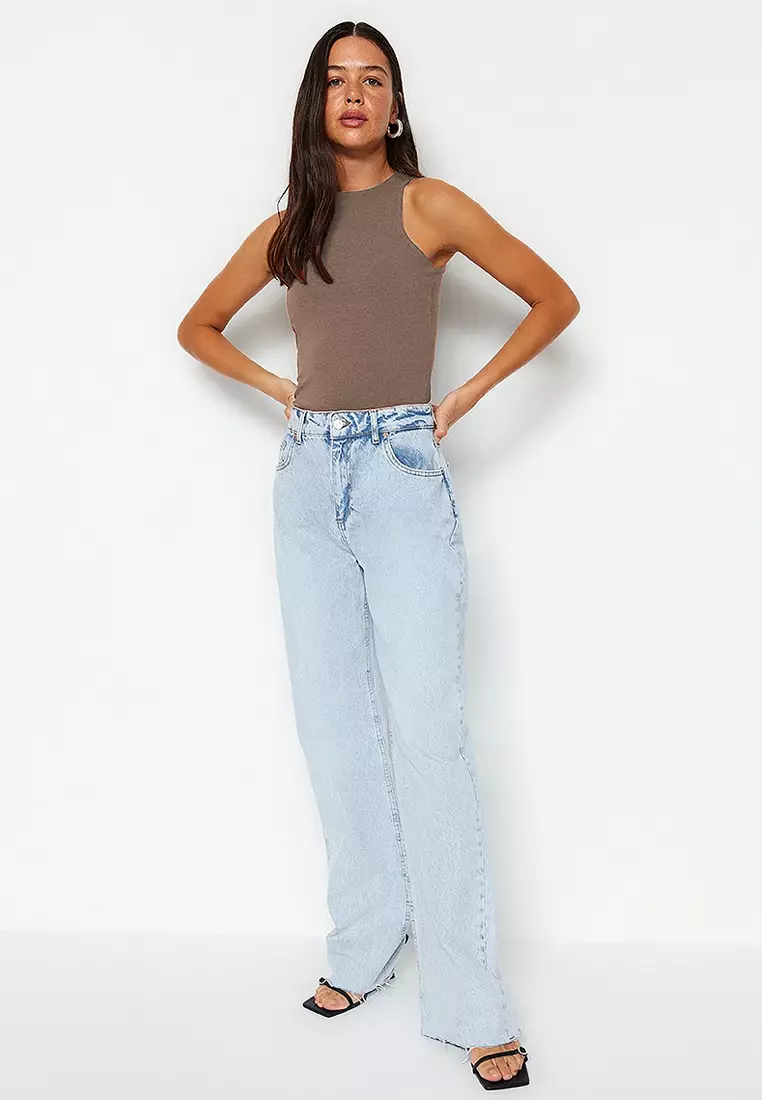 Mink Cotton Halter Neck Fitted Stretch Knitted Tank Top