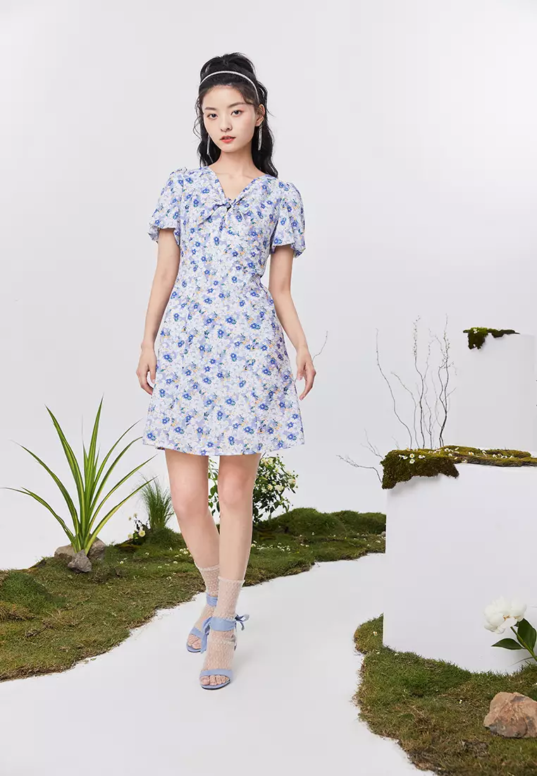 V-Neck Textured Floral Mini Dress