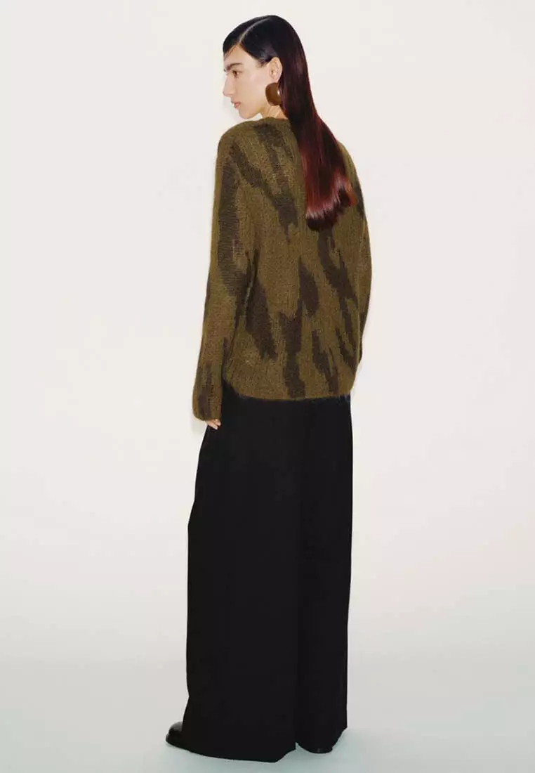 Wool Blend Wide Leg Pants with Faux Leather Waist Contrast