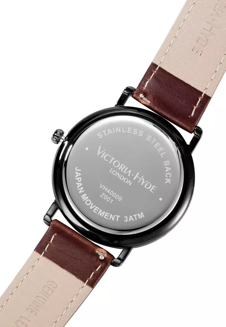 Men's Watch 40mm Grange Hill Date Leather Brown Leather Strap Black Case- Brown