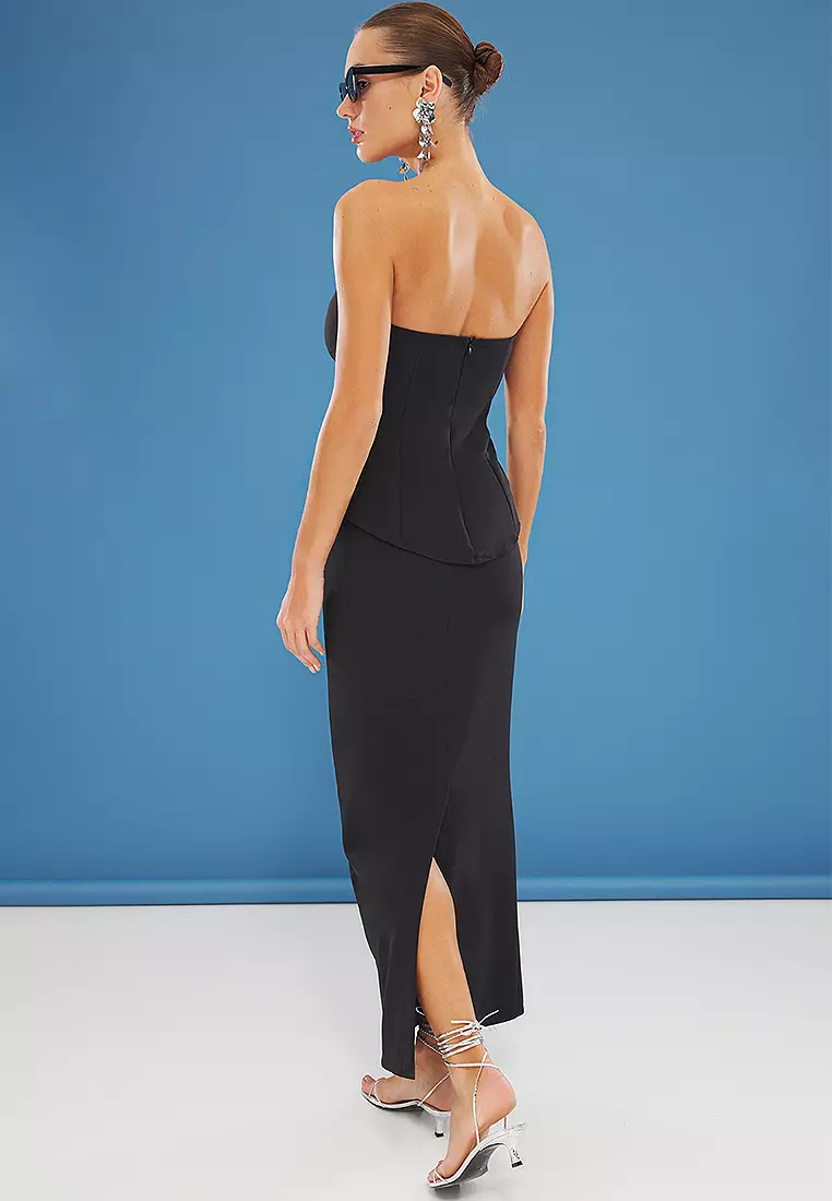 Black Strapless Woven Stylish Top Bottom Set