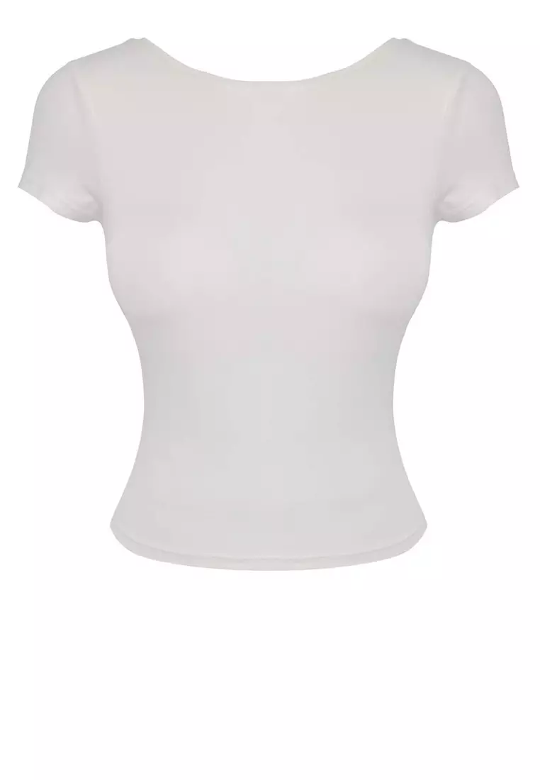 Ecru Chest Padded Backless Padded Fitted/Body-Smoothing Knitted Blouse TWOSS25BZ00468