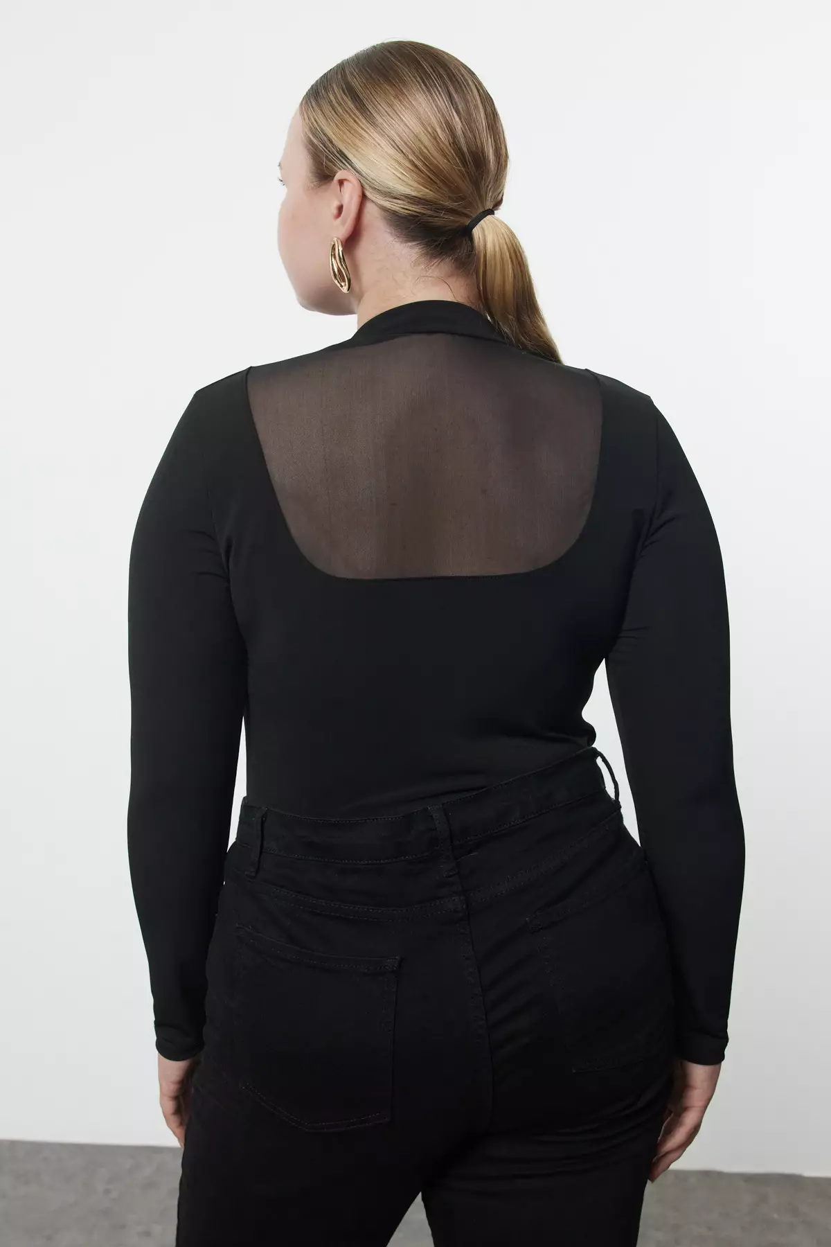 Black Fitted/Fits The Body Tulle Detailed Long Sleeve Stand Collar Flexible Snap Knitted Bodysuit