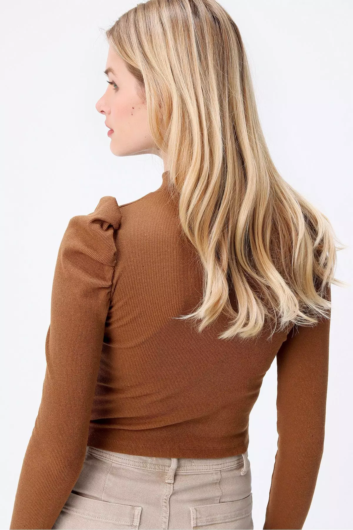 Women Camel Princess Sleeve Half Fisherman Camisole Blouse