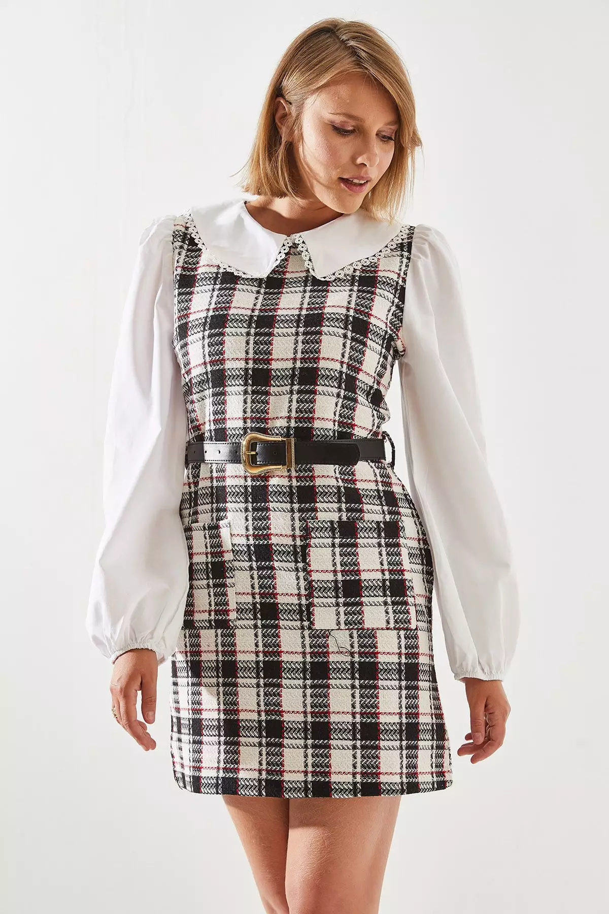 Women's Belted Plaid Patterned Collar Dress