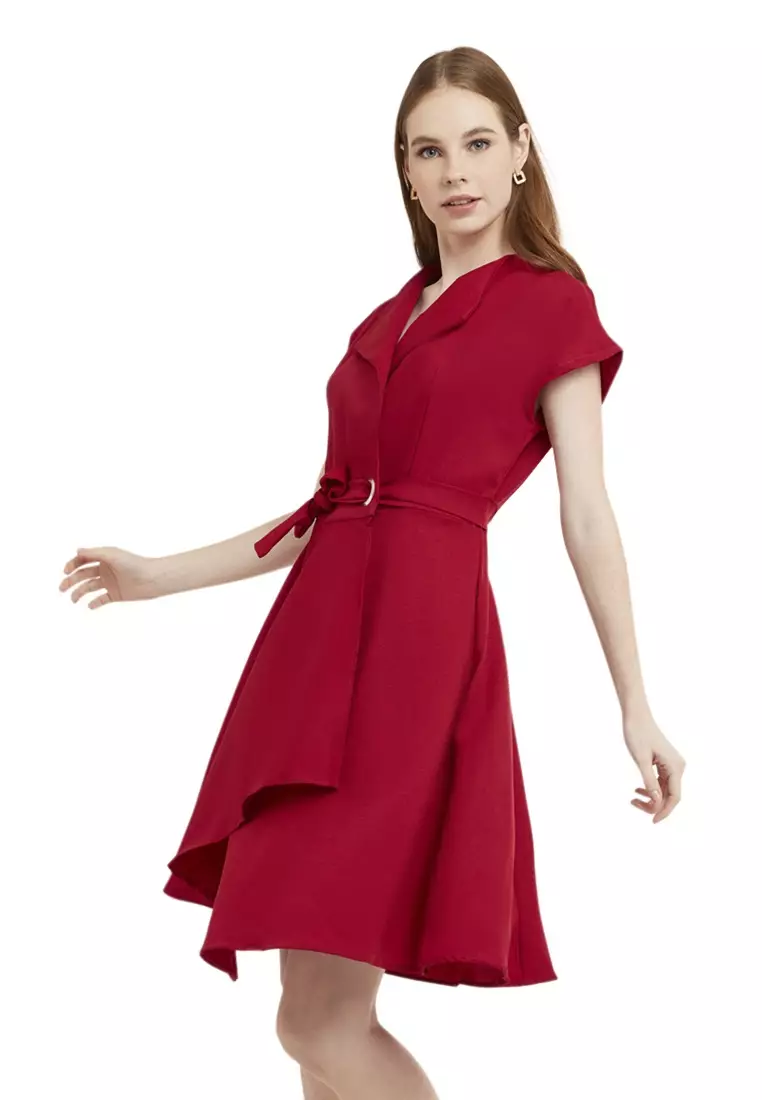 Mini Dress Kasual Lengan Pendek Collar Neckline Baju Wanita Regular Fit - Maroon
