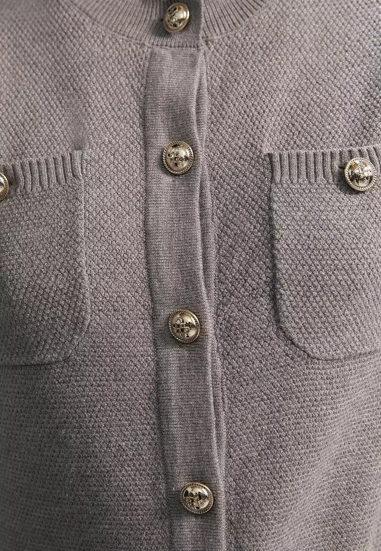 Gold Button Detail Short-Sleeve Cardigan - Mid Grey