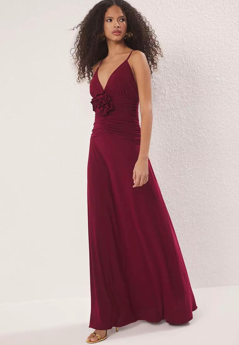 Burgundy Rose Detailed Knitted Maxi Elegant Evening Night Graduation Dress TPRSS25AE00180