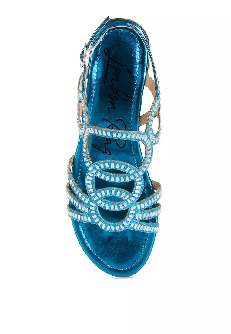 Cut Out Detail Rhinestone Flat Sandals in Denim Blue