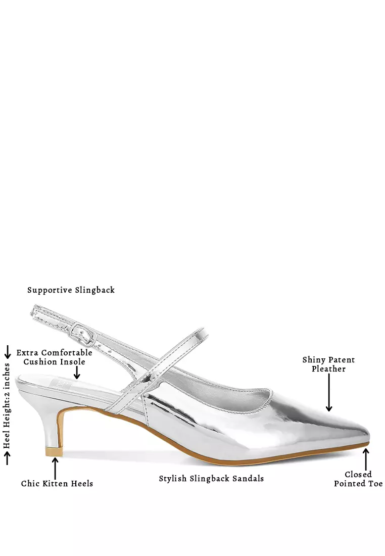 Kitten Heel Slingback Sandals in Silver