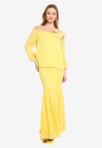 Embellished Puff Sleeves Flare Kurung from Lubna in Yellow